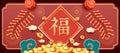 Chinese traditional new year greeting card template, red spring couplets and firecrackers, gold ingots and bronze coins, Chinese c